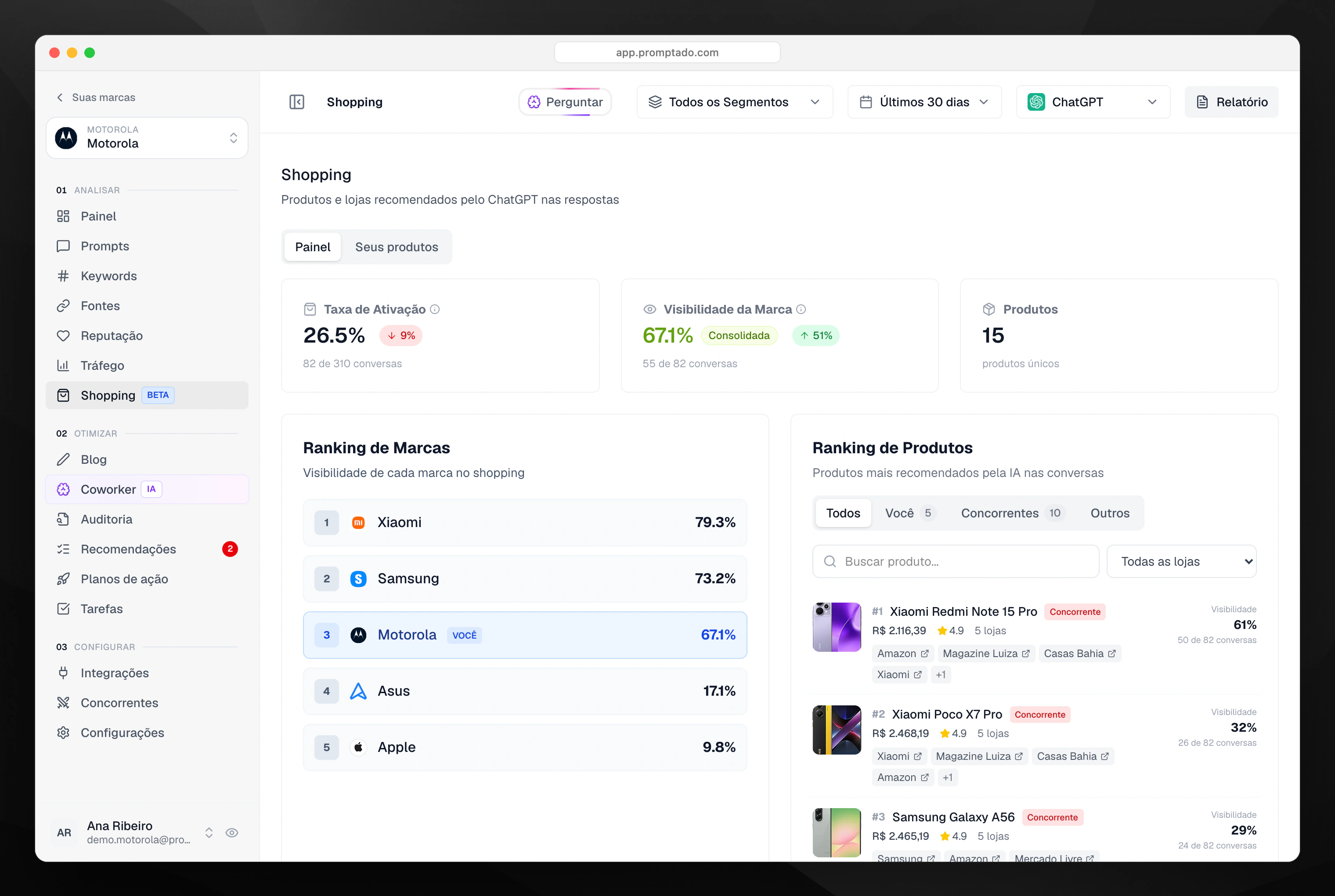 Aba Shopping com o ranking de marcas e produtos recomendados